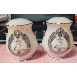 Vintage Napcoware Silver Trim 25th Anniversary Salt & Pepper Shakers C-9364